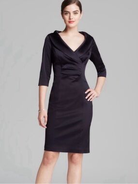 Kay Unger Black V-Neck Midi Sheath Dress